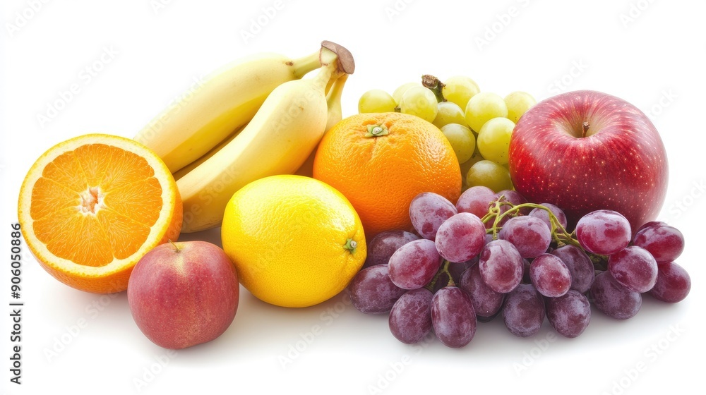 A vibrant assortment of fresh fruits including apples, bananas, grapes, and oranges neatly arranged on a solid white background, highlighting their colors and textures. A vibrant assortment of fresh fruits including apples, bananas, grapes, and oranges neatly arranged on a solid white background, highlighting their colors and textures.