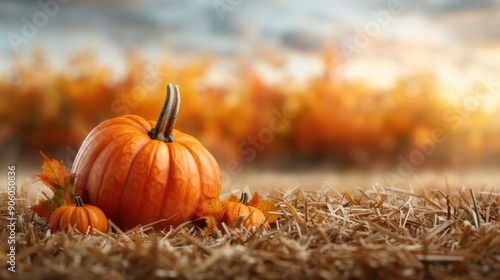 A pumpkin patch with vibrant autumn trees in the background