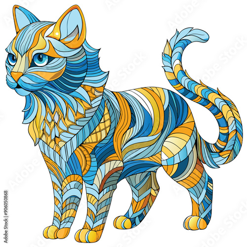 Intricate Patterned Blue and Yellow Cat