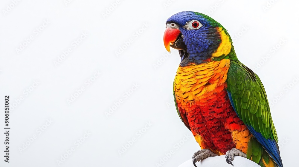 A vibrant parrot perched against a simple white background, showcasing its colorful plumage and lively personality. A vibrant parrot perched against a simple white background, showcasing its colorful plumage and lively personality.