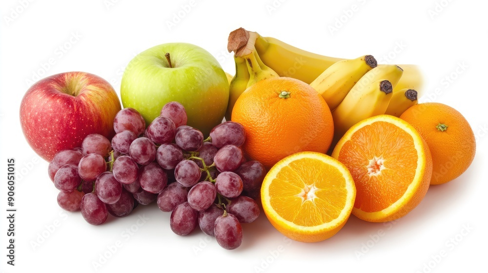 A vibrant assortment of fresh fruits including apples, bananas, grapes, and oranges neatly arranged on a solid white background, highlighting their colors and textures. A vibrant assortment of fresh fruits including apples, bananas, grapes, and oranges neatly arranged on a solid white background, highlighting their colors and textures.