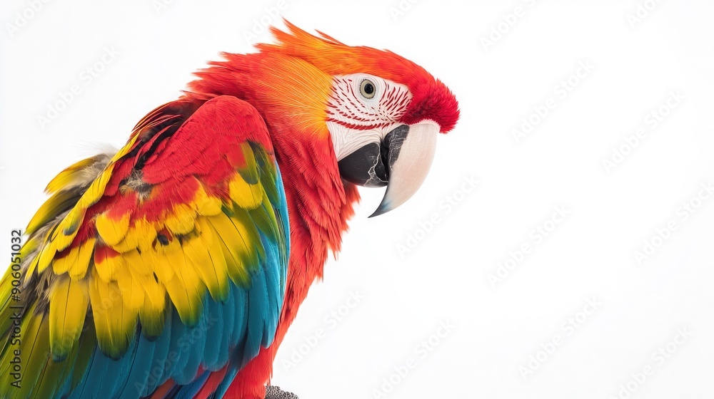 A vibrant parrot perched against a simple white background, showcasing its colorful plumage and lively personality. A vibrant parrot perched against a simple white background, showcasing its colorful plumage and lively personality.