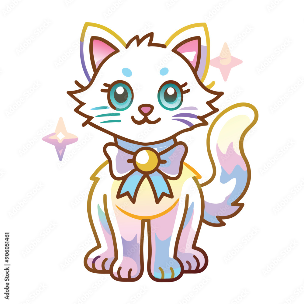 Fototapeta premium A Cartoon Cat with Rainbow Fur and a Bow