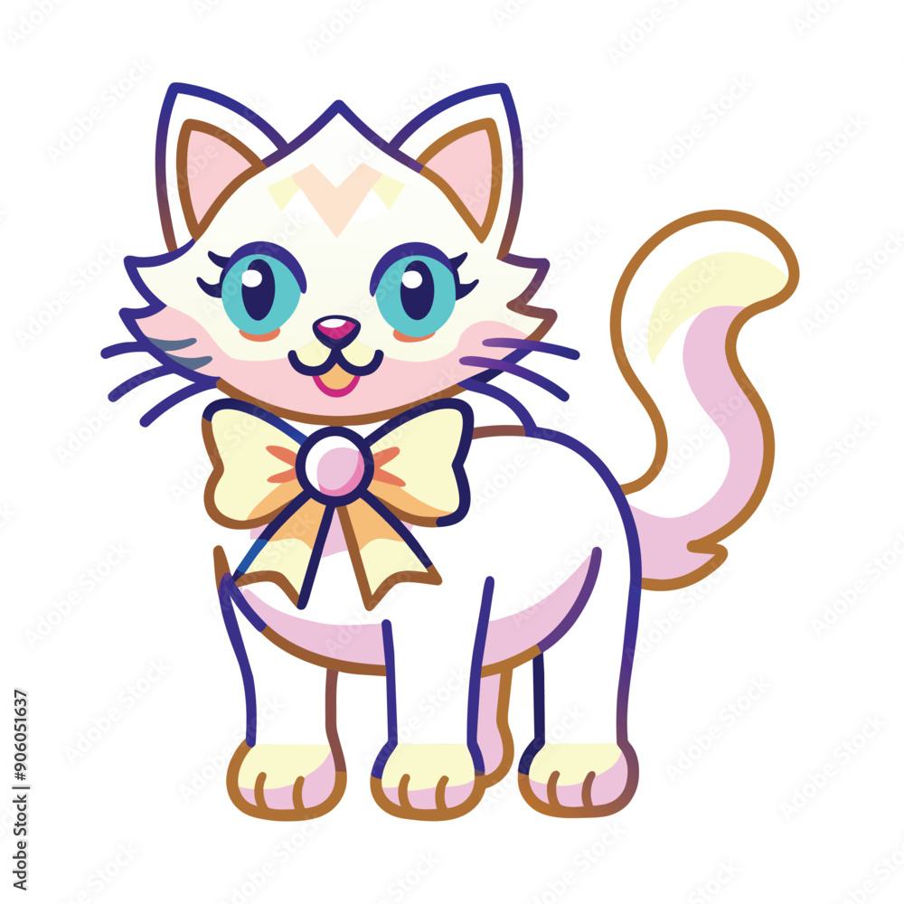 Fototapeta premium Cartoon Cat with Big Eyes and a Yellow Bow
