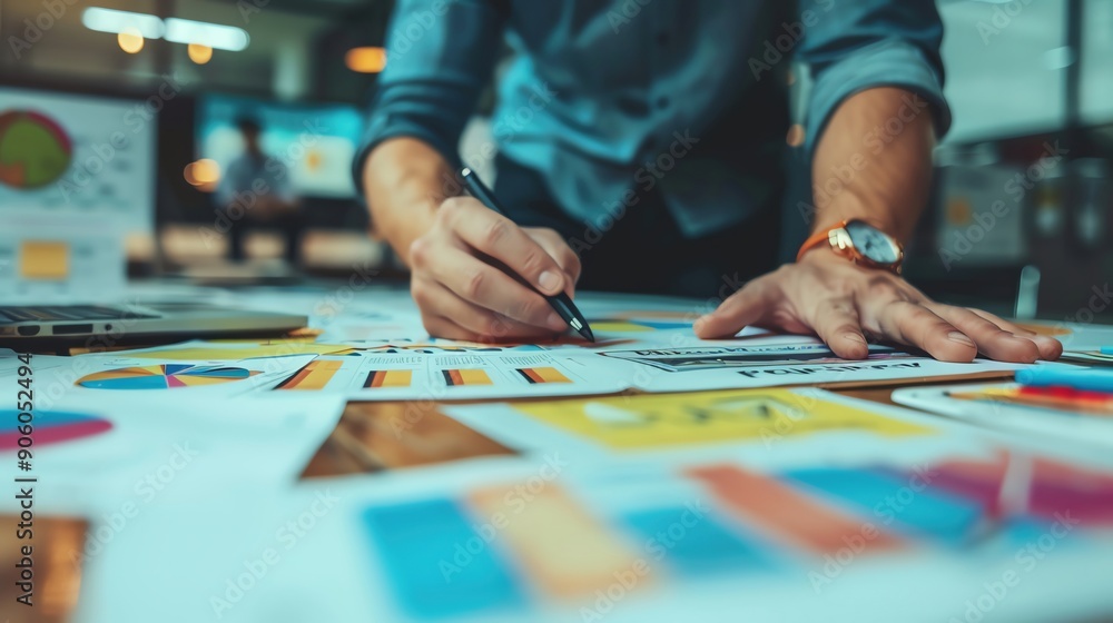 Fototapeta premium Marketing professional discussing engagement strategies, rightaligned, pastel background, high resolution, more clarity with clear light and sharp focus , high detailed ,