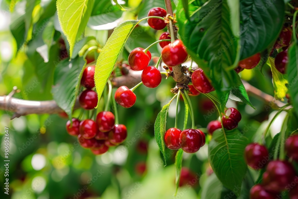 The branches of a cherry tree, bursting with ripe, sweet cherries, create a picturesque scene that embodies the essence of harvest time. The branches of a cherry tree, bursting with ripe, sweet cherries, create a picturesque scene that embodies the essence of harvest time.
