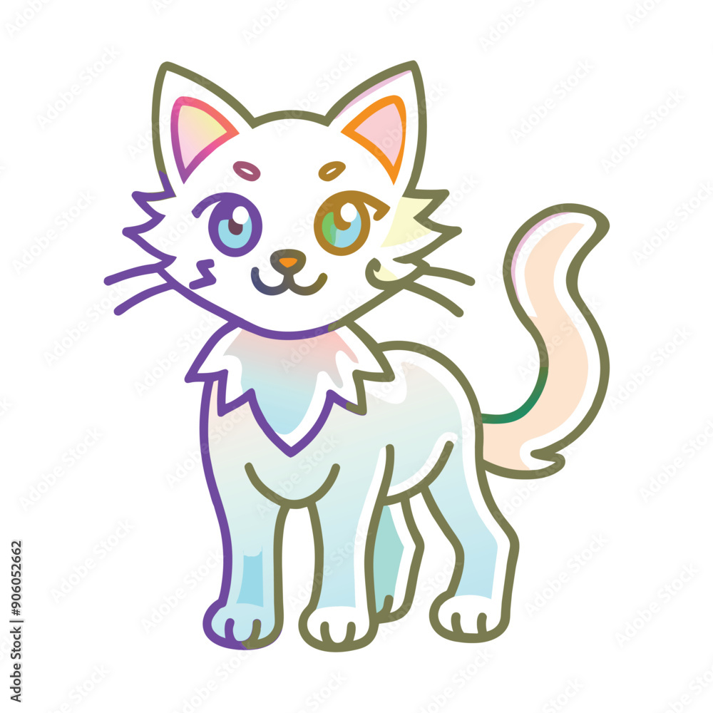 Fototapeta premium Cartoon illustration of a white cat with iridescent details
