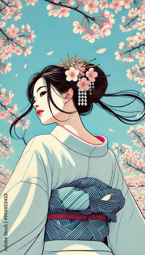 Fototapeta premium 日本画（Japanese painting）／美人画 美女 着物 anime イラスト