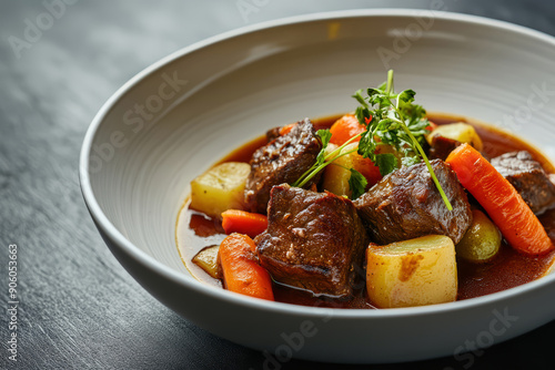 Fresh homemade beef stew with carrot and potatoes served in bowl