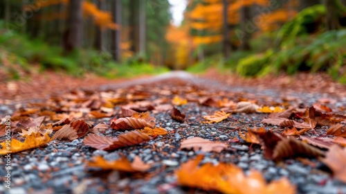 A serene forest path covered in a carpet of colorful autumn leaves