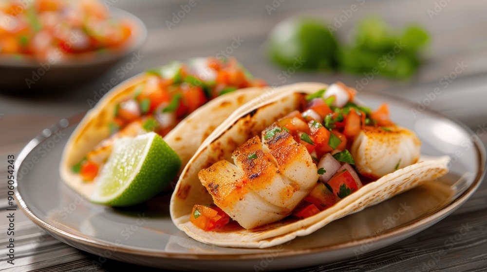 A serving of Baja-style fish tacos, with fresh salsa and a squeeze of lime