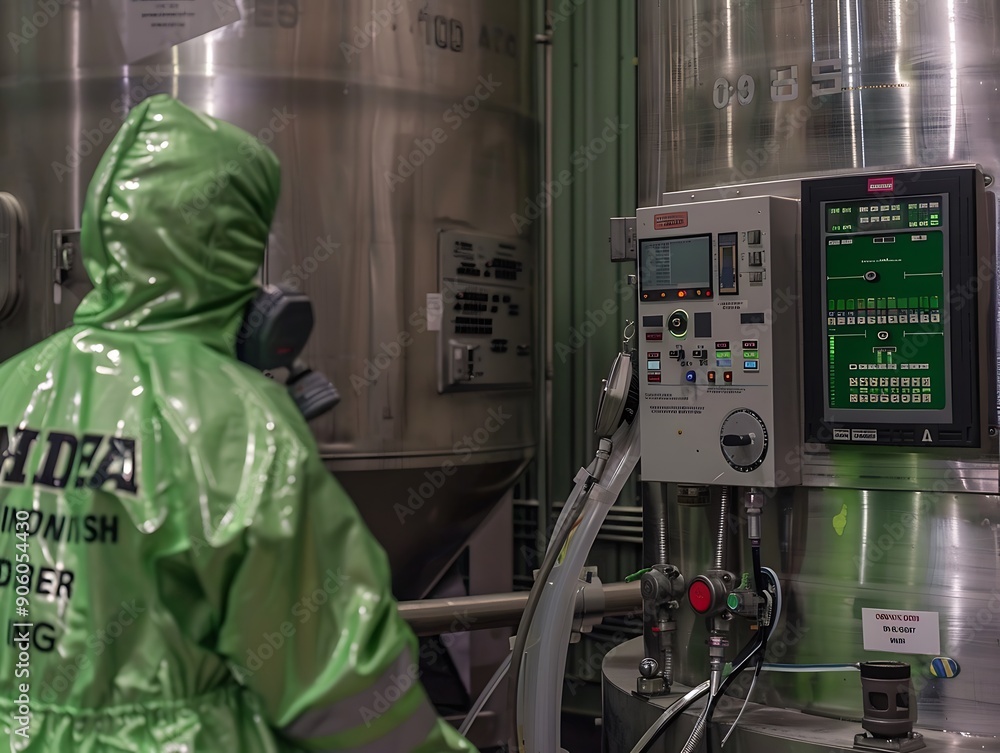 High angle of hazmat suit employee, advanced facility, large metal equipment, stainless steel tanks, control panel, industrial setting. High angle of hazmat suit employee, advanced facility, large metal equipment, stainless steel tanks, control panel, industrial setting.