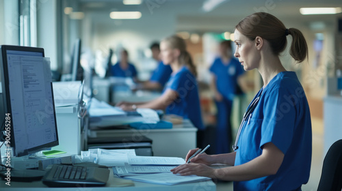 nurses and hospital stuffs doing administrative work in the reception, nurses wearing blue dress in front of computer and printer, healthcare professional using computer, doctors are checking reports 