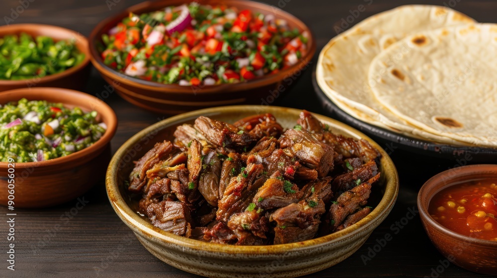 A table set with traditional Michoacan carnitas, served with fresh tortillas and salsas