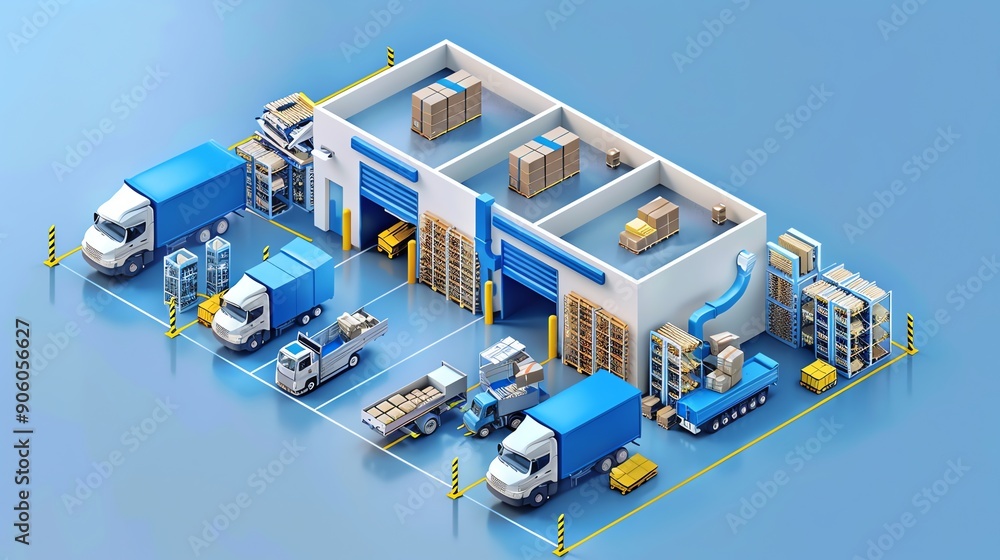 Isometric Illustration of a Warehouse with Trucks and Forklifts. Isometric Illustration of a Warehouse with Trucks and Forklifts.