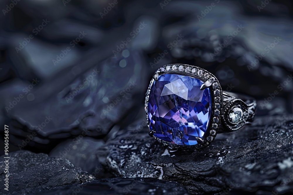Beautiful cushion-cut tanzanite ring with diamond accents on a black matte background Beautiful cushion-cut tanzanite ring with diamond accents on a black matte background