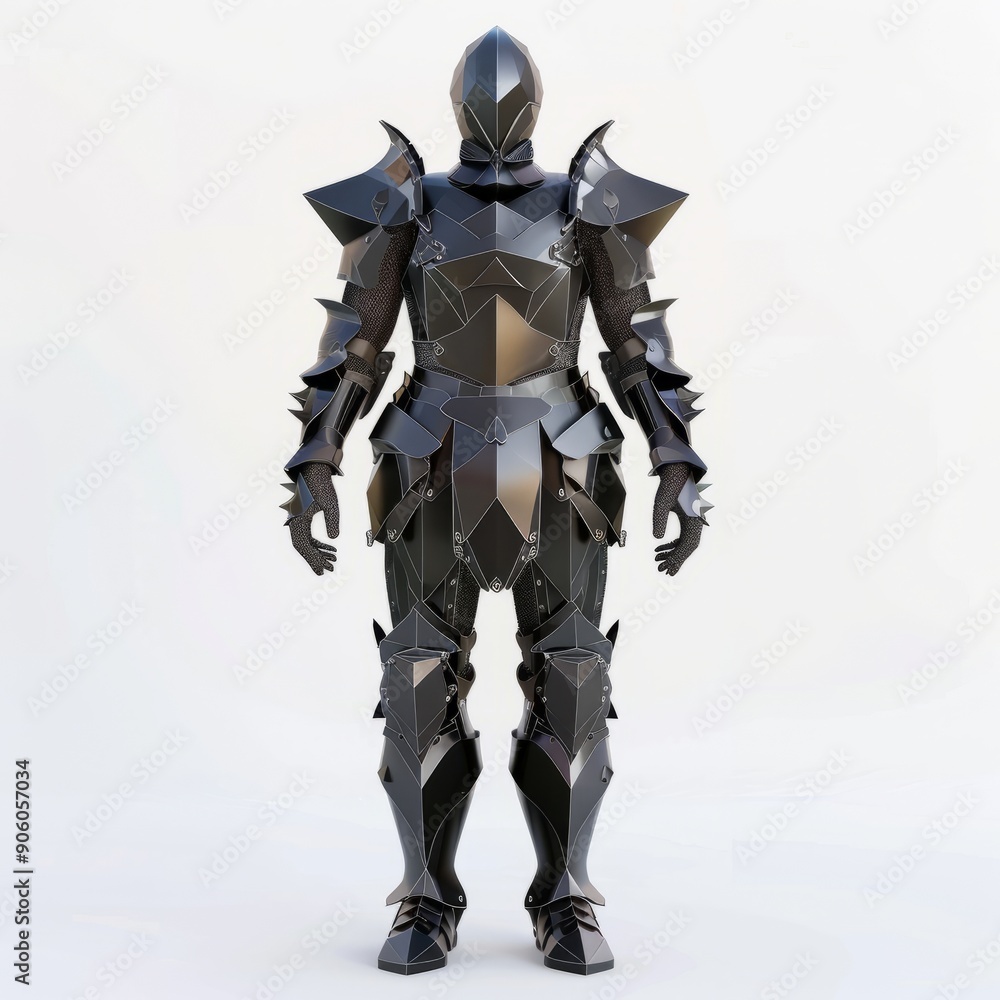 3D Render, Low Poly style of a Gothic knight's dark armor set, on isolated white background 3D Render, Low Poly style of a Gothic knight's dark armor set, on isolated white background