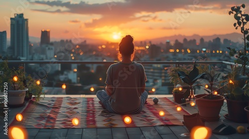 A serene moment of meditation at sunset, overlooking a vibrant cityscape with warm lights and peaceful ambiance.