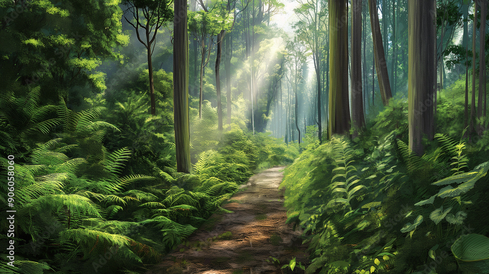 Dense forest, with tall trees and a small path Dense forest, with tall trees and a small path