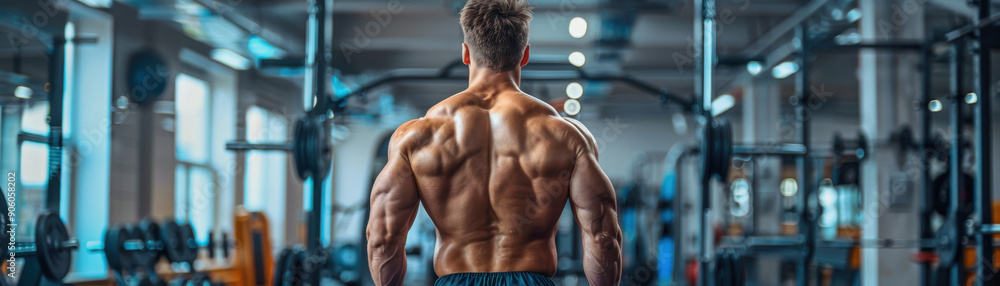 A man with a muscular back is posing in a gym. Concept of strength and fitness, as the man's well-developed muscles are on display A man with a muscular back is posing in a gym. Concept of strength and fitness, as the man's well-developed muscles are on display