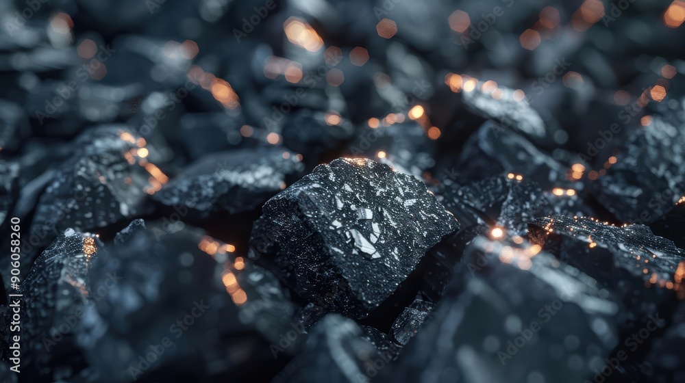 Close-up shot of a pile of coal with subtle glowing embers. Close-up shot of a pile of coal with subtle glowing embers.