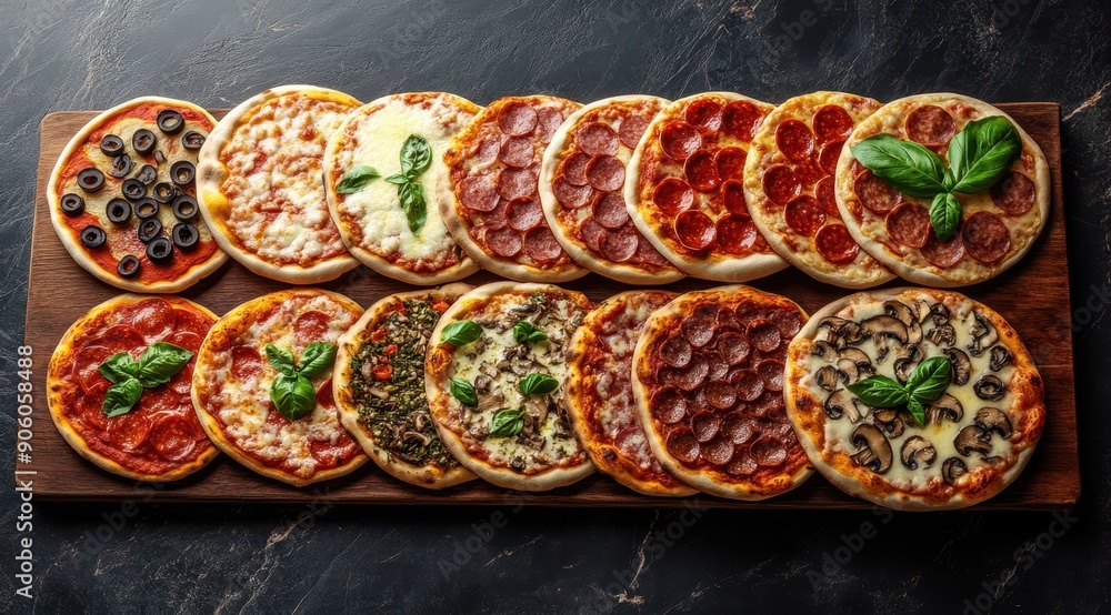 A wooden board with different types of pizza, arranged in rows and ...