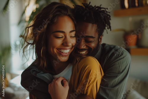  Happy multiracial couple embracing in their first home together