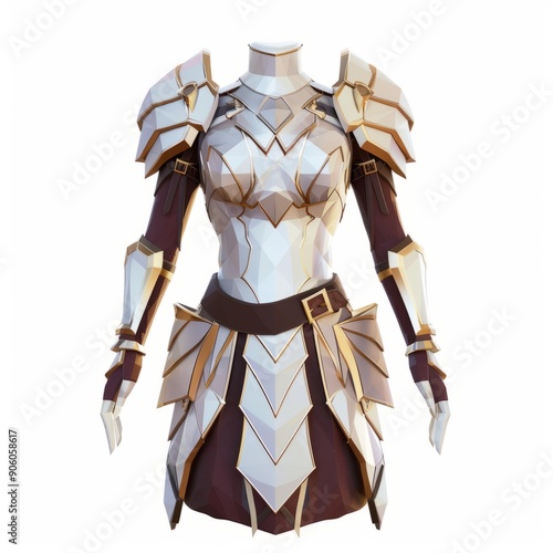 3D Render, Low Poly style of a medieval princess's royal armor set, on isolated white background
