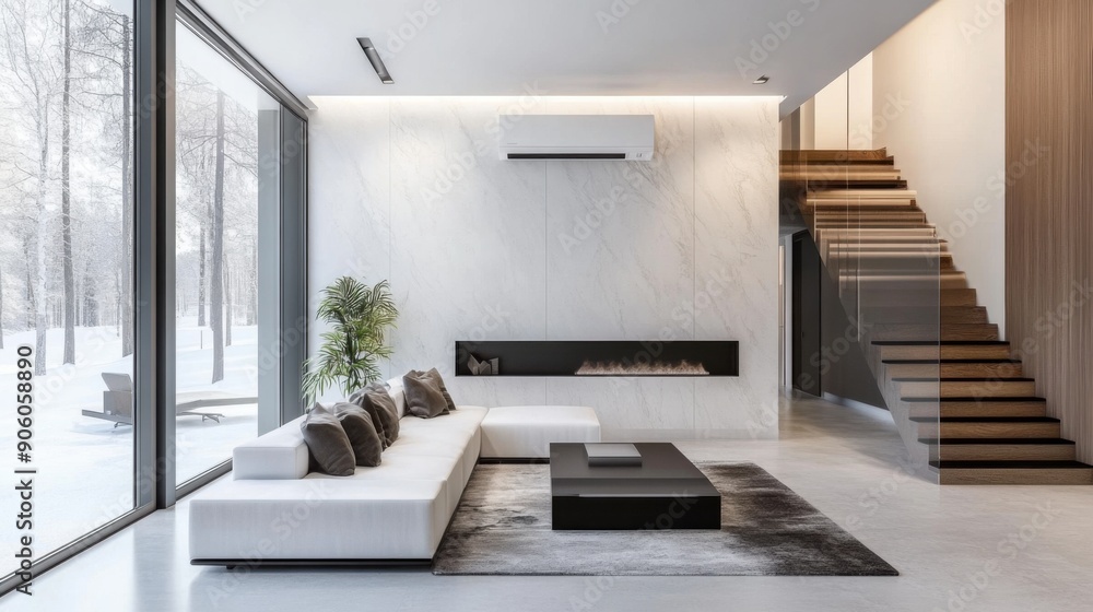Contemporary Blend: Stylish Heat Pump in Minimalist Home Interior Contemporary Blend: Stylish Heat Pump in Minimalist Home Interior