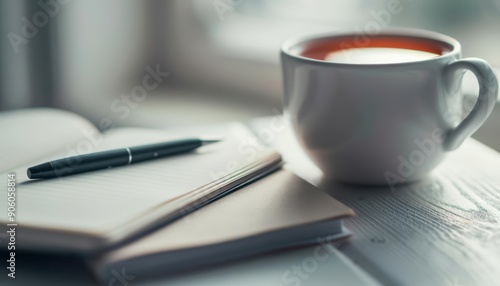 A cup of tea, a notebook, and a pen, perfect for a quiet moment of writing.