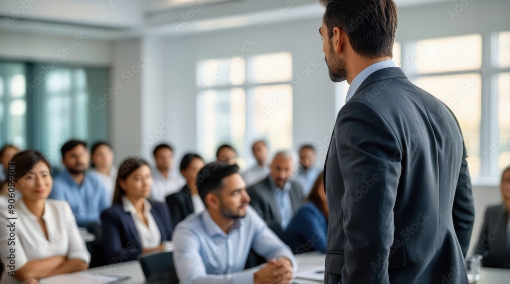 Confident businessman giving a presentation in front of crowd in meeting conference seminar room. Leadership authority teamwork in business concept Confident businessman giving a presentation in front of crowd in meeting conference seminar room. Leadership authority teamwork in business concept