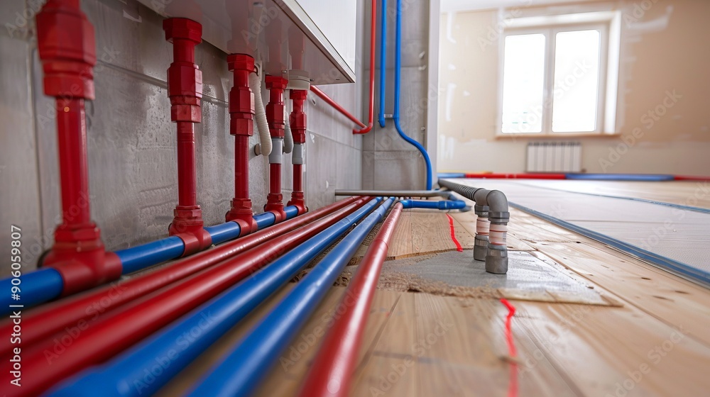 Naklejka premium installation of pipes for floor heating