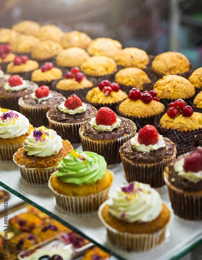 Close up of freshly baked cakes and cupcakes in a row at food market .Colorful delicious Cupcakes . Close up of freshly baked cakes and cupcakes in a row at food market .Colorful delicious Cupcakes .