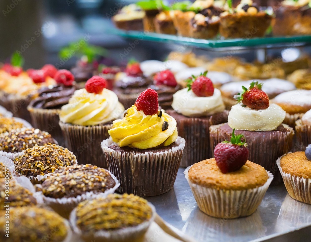 Close up of freshly baked cakes and cupcakes in a row at food market .Colorful delicious Cupcakes . Close up of freshly baked cakes and cupcakes in a row at food market .Colorful delicious Cupcakes .