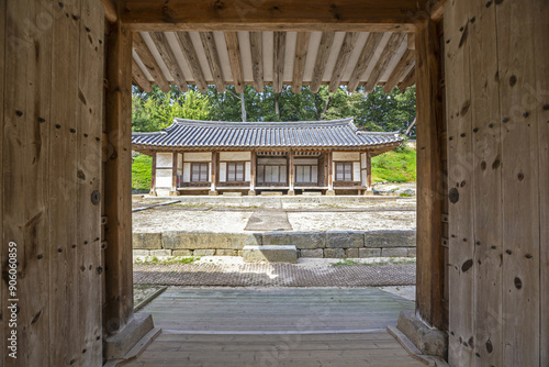 Paju-si, Gyeonggi-do, South Korea - October 1, 2022: Front view of wood gate against yard and Ritual House of Paju Samneung Royal Tombs
 photo