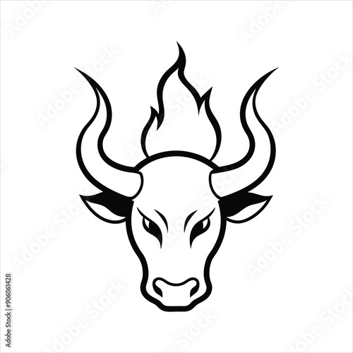 fuego ardiente como silueta con forma de cabeza de toro line art vector