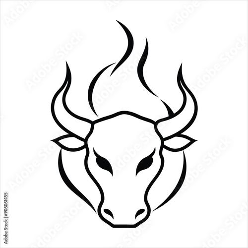fuego ardiente como silueta con forma de cabeza de toro line art vector