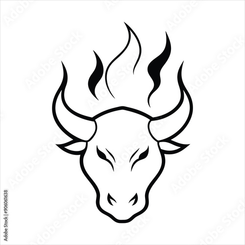 fuego ardiente como silueta con forma de cabeza de toro line art vector