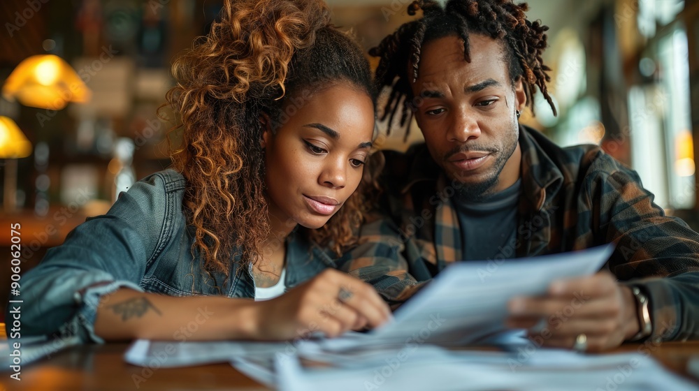 Financially stressed couple discussing debt relief options, household debt concept Financially stressed couple discussing debt relief options, household debt concept