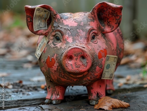 Empty piggy bank with IOU notes, symbolizing debt accumulation photo