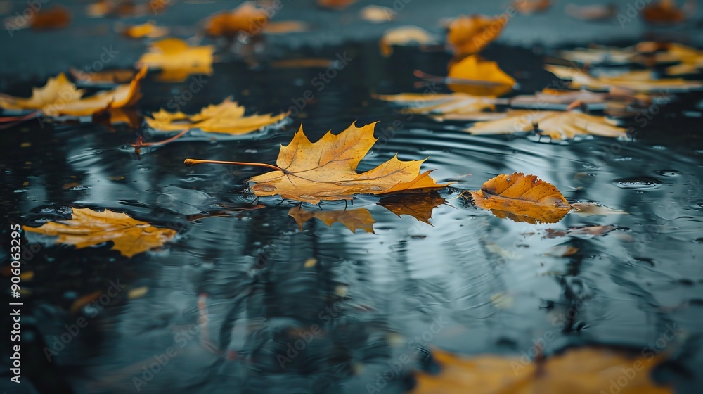 Capturing the moody autumn ambiance with yellow leaves in a rain puddle against a dark background Capturing the moody autumn ambiance with yellow leaves in a rain puddle against a dark background