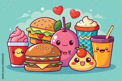 Cartoon Fast Food and Drinks with Smiling Faces