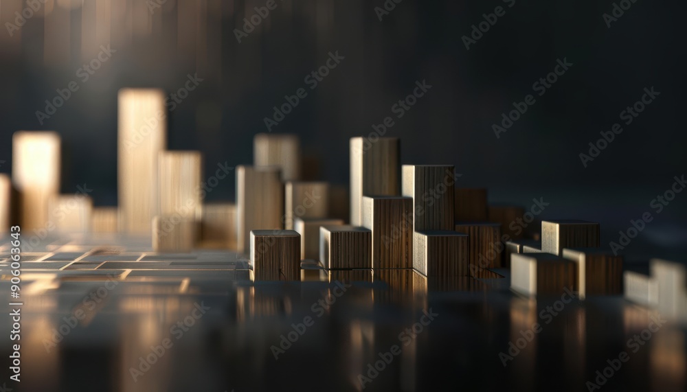 Abstract wooden blocks forming a city skyline with a spotlight. Abstract wooden blocks forming a city skyline with a spotlight.