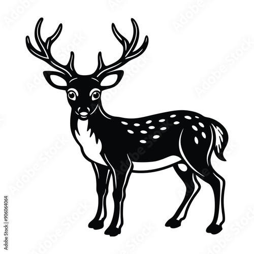 Black Deer Stag Silhouette Vector Illustration with Antlers Isolated on White Background