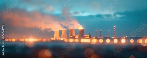 Highresolution image of a coalfired power plant at night, with tall chimneys and a sprawling industrial landscape photo