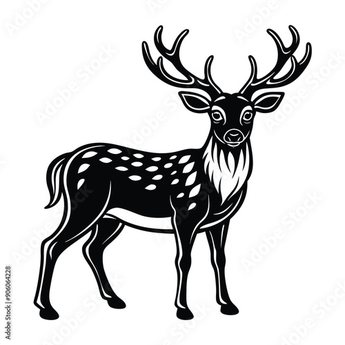 Black Deer Stag Silhouette Vector Illustration with Antlers Isolated on White Background