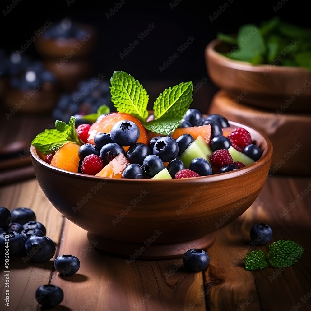 Fruit salad in a bowl on wooden table Fruit salad in a bowl on wooden table