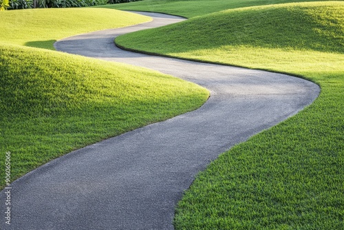 Winding asphalt path through green grass, cut out , ai