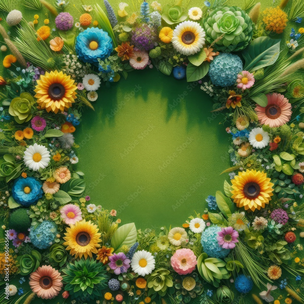 Fototapeta premium Top view bright green grass field and flower background 