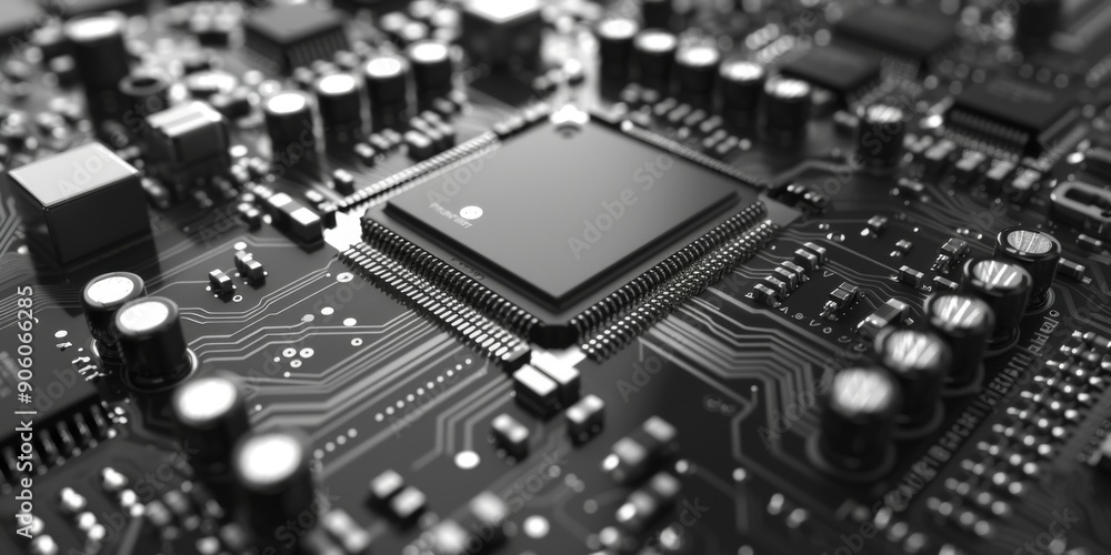 Monochrome View of a CPU Chip and Electronic Components on a Motherboard, Showcasing Hardware Engineering and the Intersection of AI and Blockchain Technology Monochrome View of a CPU Chip and Electronic Components on a Motherboard, Showcasing Hardware Engineering and the Intersection of AI and Blockchain Technology